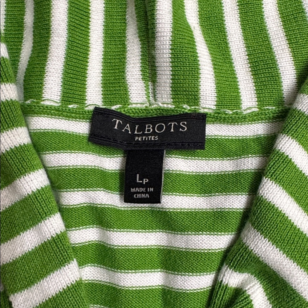 Talbots Petites Green & White Striped Shawl Collar Sweater Size LP - Picture 3 of 5